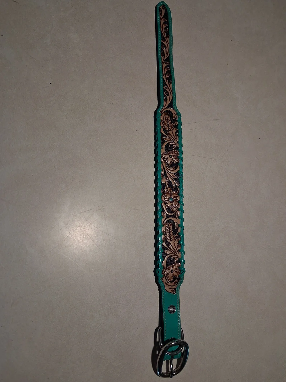 Myra Turquoise and Brown Tooled Leather Dog Collar MEDIUM with Silver Hardware